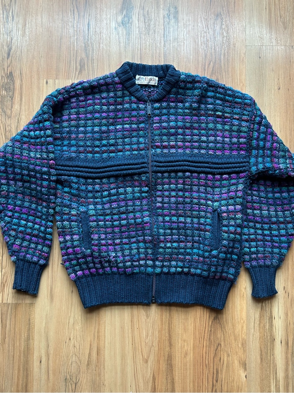 Vintage Bonda Pure Wool Knit Zip-Up Cardigan – Multicolour – Made in Canada